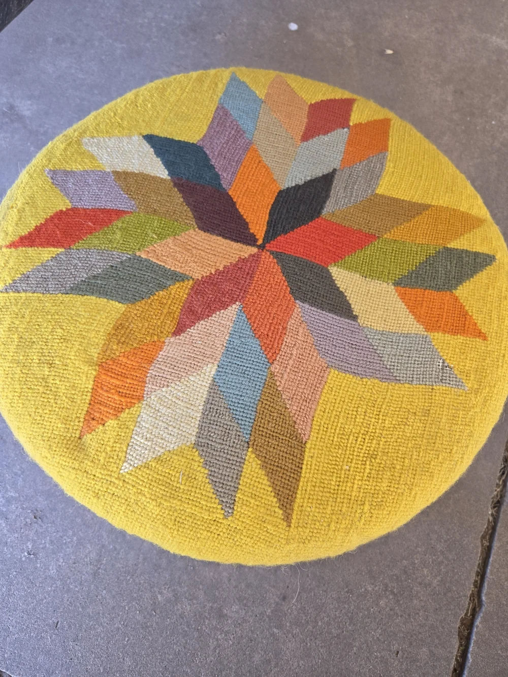 Vintage Mid Century Modern Needlepoint Footstool - Round Geometric